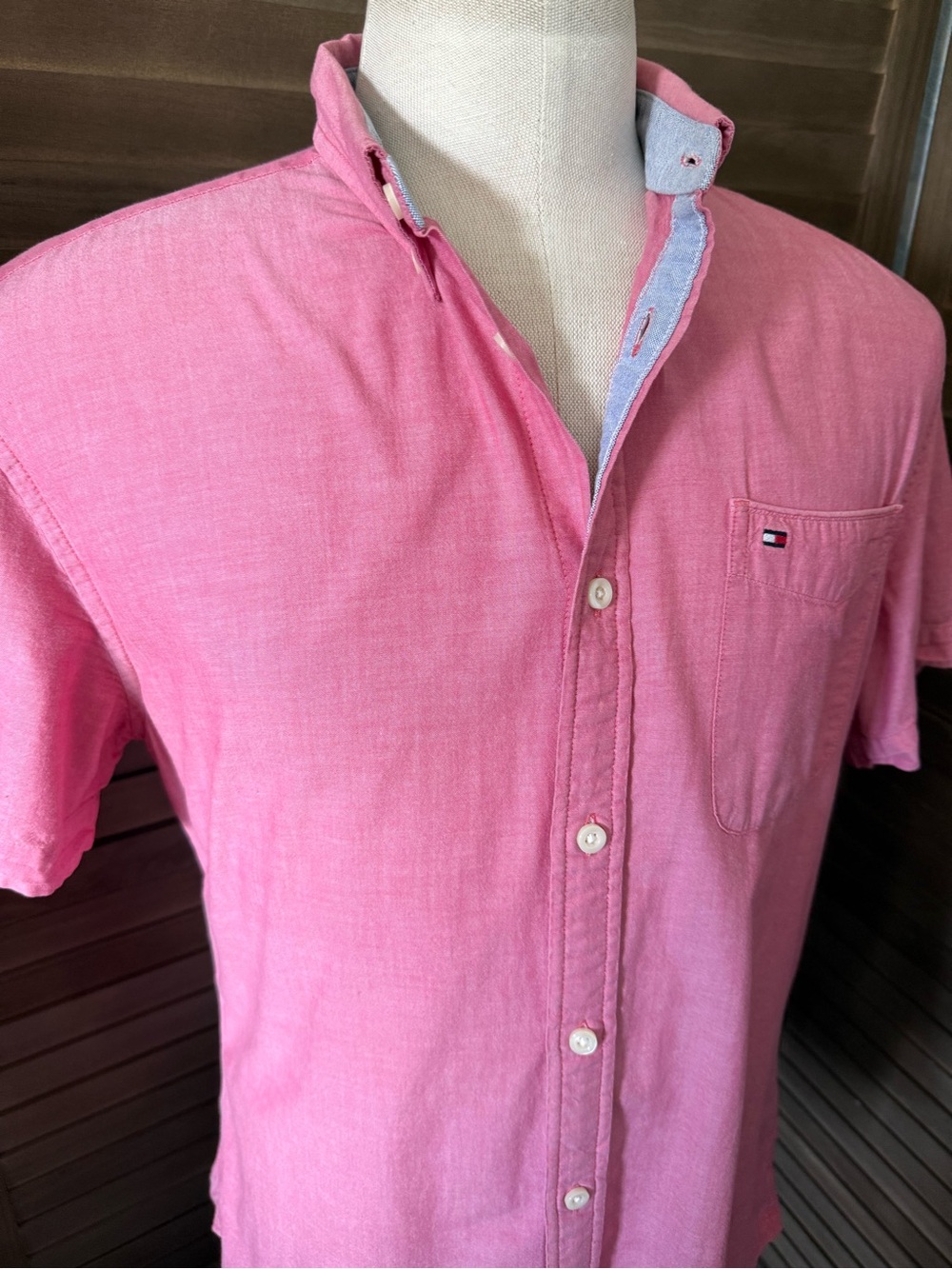 Custom fit short sleeve Tommy Hilfiger dress shirt in a coral pink/salmon color